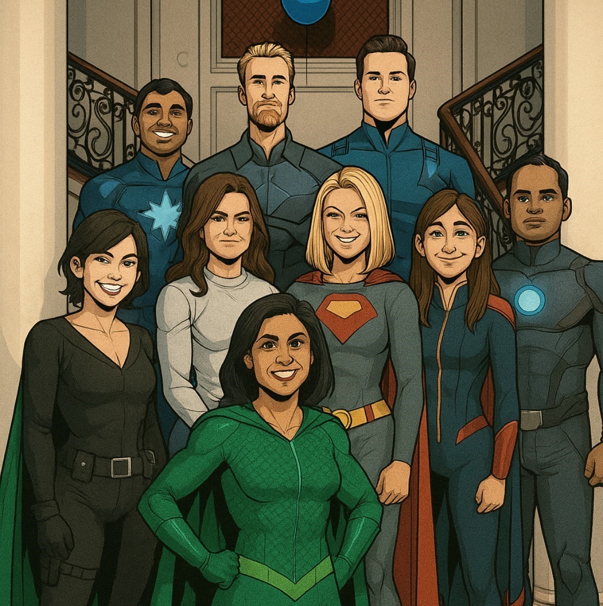 An AI-generated photo of the Asnani Lab members as superheroes.