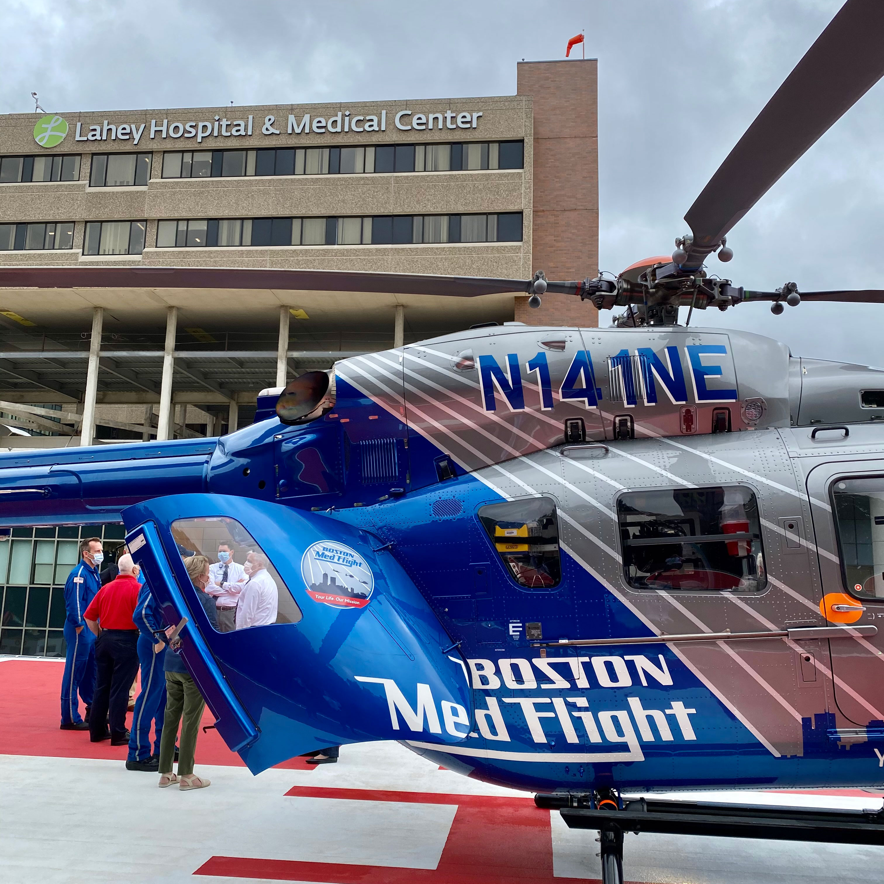 MedFlight helicopter on landing pad in front of Lahey Hospital.