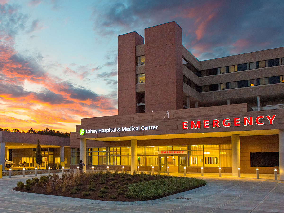 Lahey Clinic Emergency Entrance during a sunset