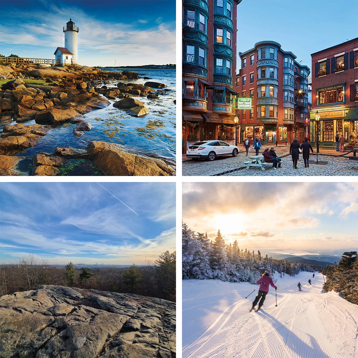 Collage of four different scenes: a lighthouse, city buildings, sunset sky, skier on mountain.