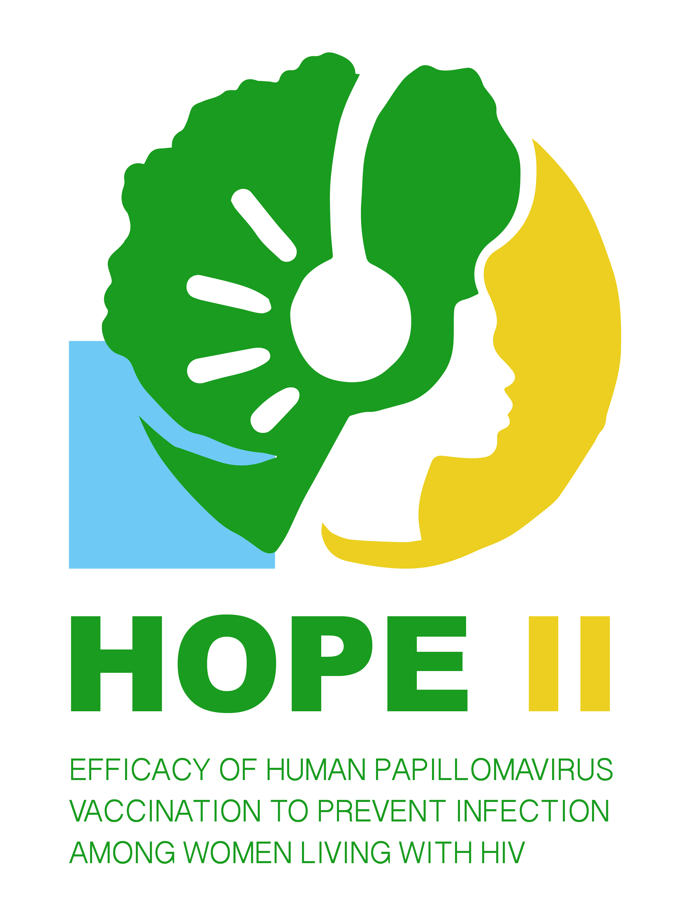 HOPE II logo with a green leaf and a woman's head and the text: EFFICACY OF HUMAN PAPILLOMAVIRUS VACCINATION TO PREVENT INFECTION AMONG WOMEN LIVING WITH HIV