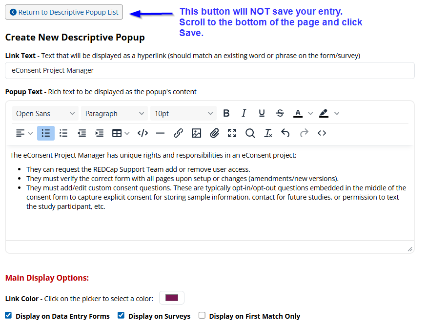 Add Link Text and Descriptive Text for your Popup