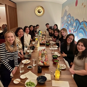 Jen Ho and Lab group at a celebratory dinner