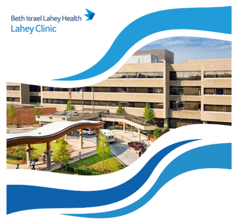 Beth Israel Lahey Health Lahey Clinic building with blue waves at bottom