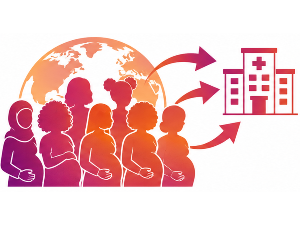 Illustration of pregnant women silhouettes with arrows pointing to hospital