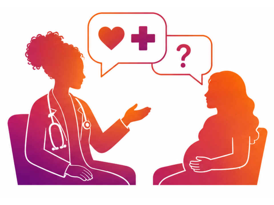 Doctor and pregnant woman discuss pregnancy.