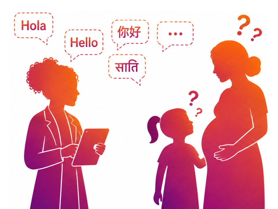 A pregnant woman, doctor, and child with speech bubbles above them.