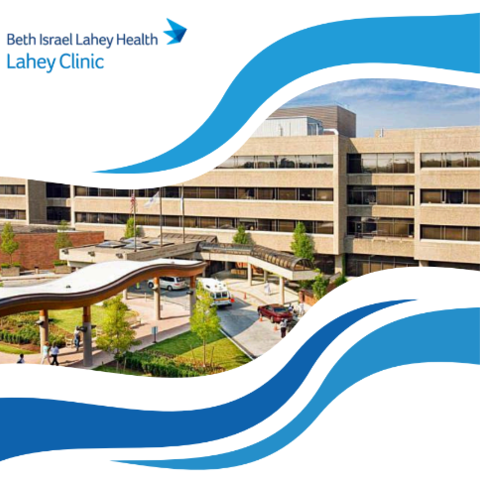 Beth Israel Lahey Health Lahey Clinic building with blue waves at bottom