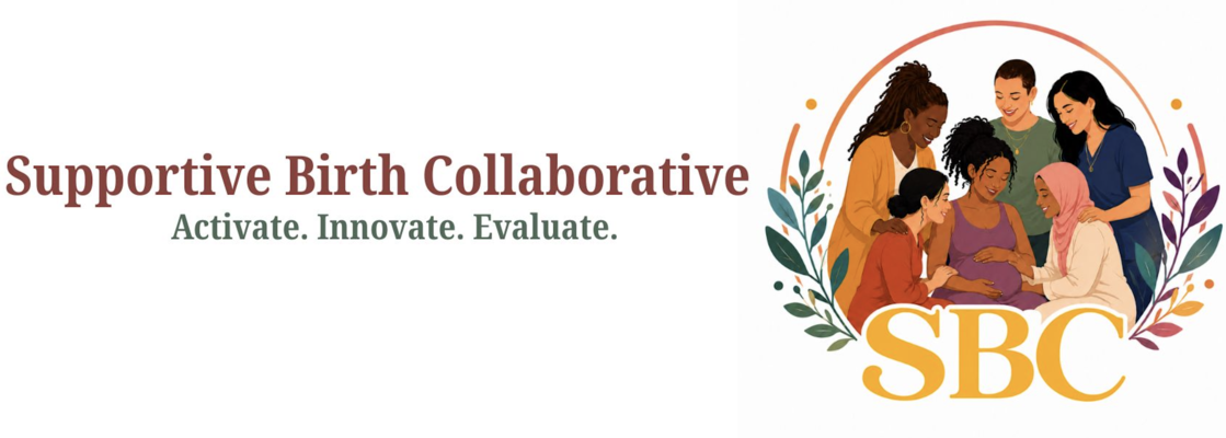 Logo for Supportive Birth Collaborative, featuring an illustration of a diverse family.