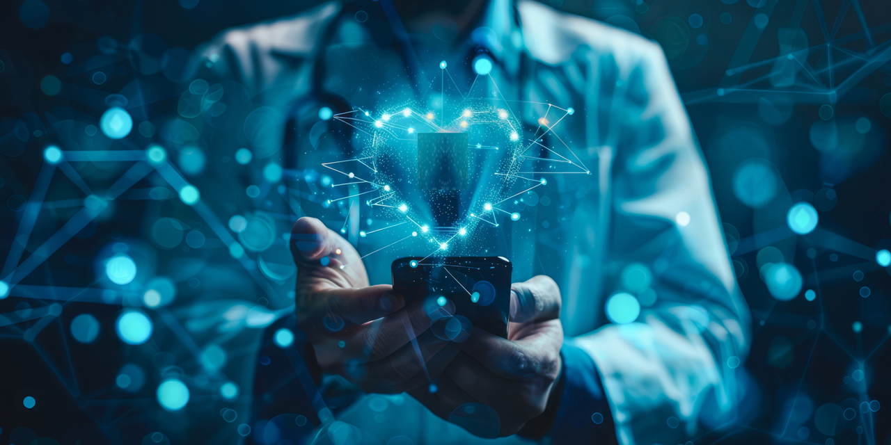 Banner image showing a doctor holding a phone with blue digital floating pixels