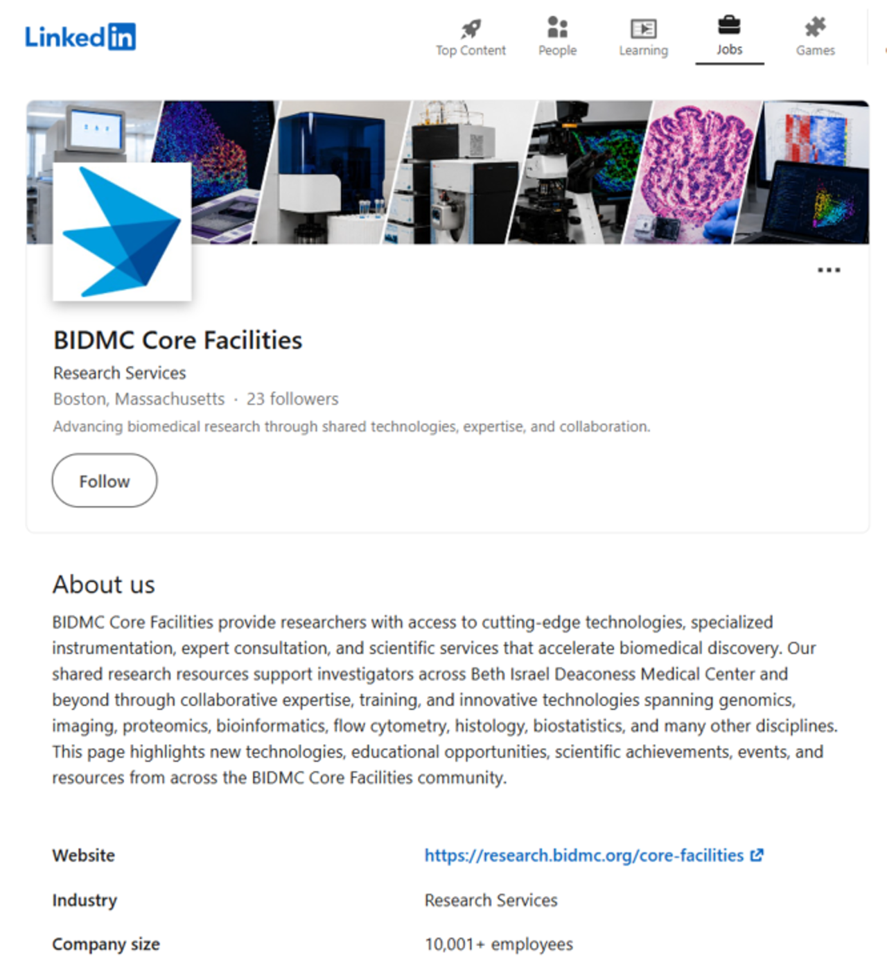 LinkedIn page for BIDMC Core Facilities.