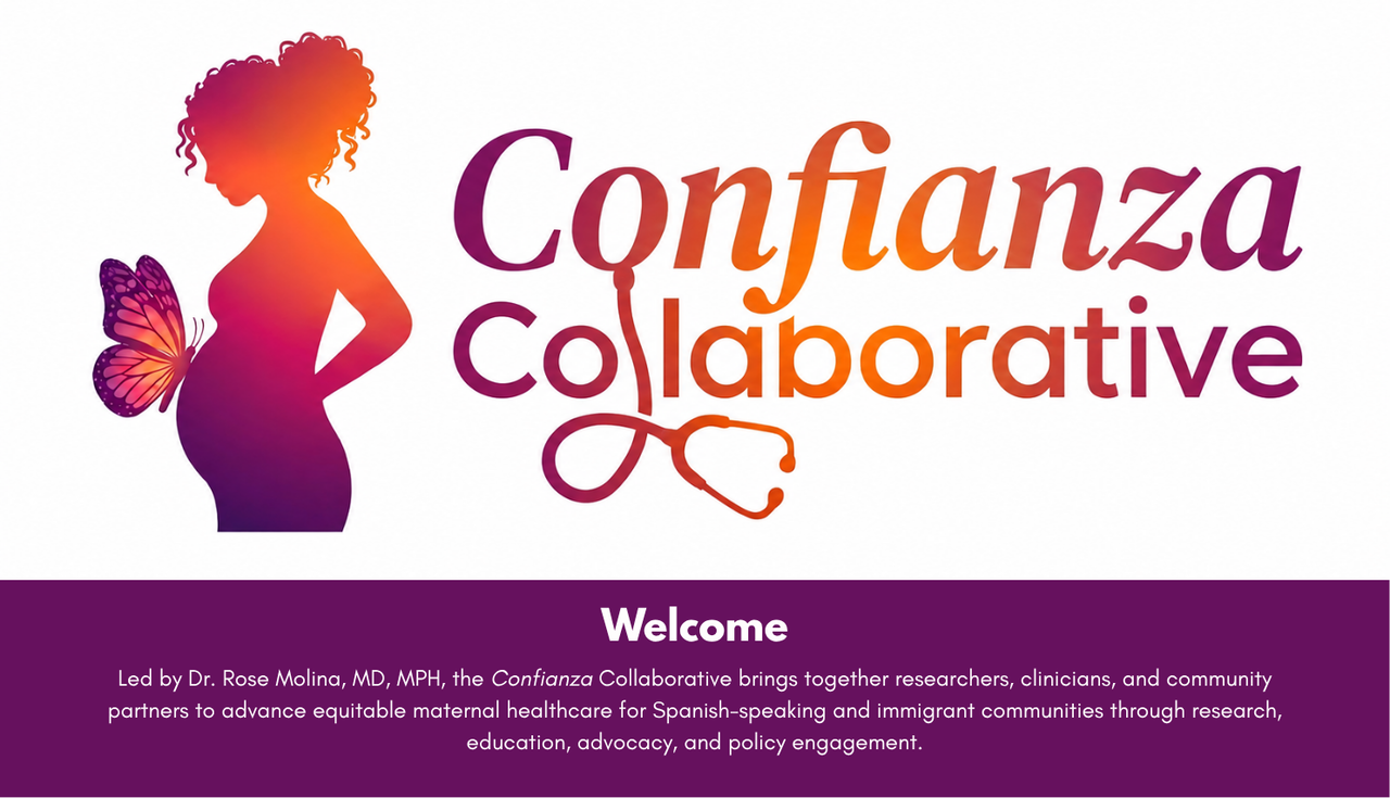 Confianza Collaborative logo features a pregnant woman with a butterfly and stethoscope.