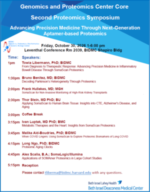 Genomics and Proteomics Center Core Second Proteomics Symposium poster with blue, white, and red text