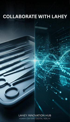 Surgical tools on a tray next to a blue background with text reading "Collaborate with Lahey"