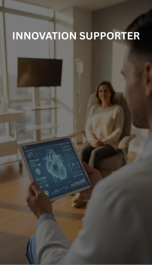 A doctor shows a patient an image of a heart on a tablet.