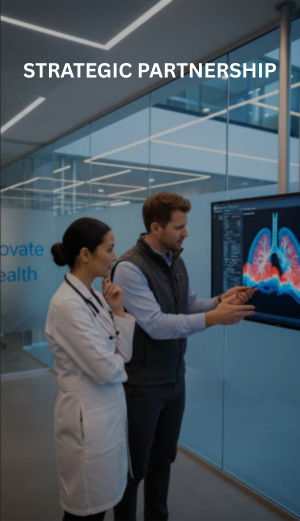 Doctor and man standing in front of a screen that shows an image of lungs.