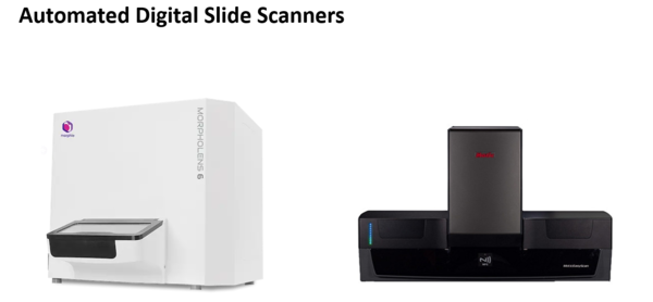 Two digital slide scanners, one white and one black.