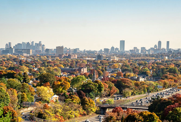 Aerial view of a Boston with trees changing colors, buildings in the background.