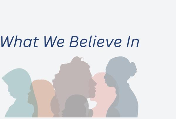 Silhouettes of people in various colors, "What We Believe In" in blue text.