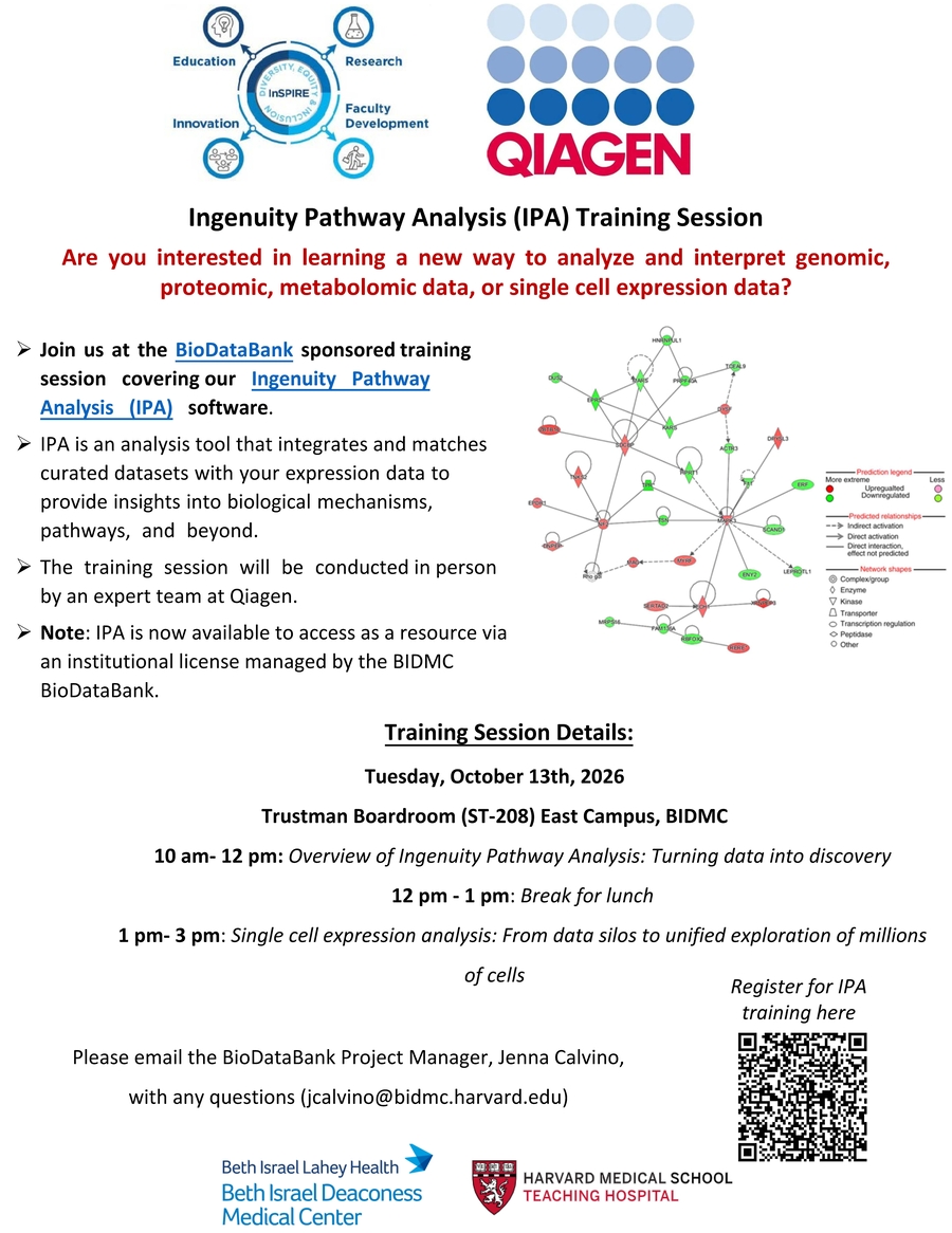 A page with a flyer for Ingenuity Pathway Analysis (IPA) training session with text and a QR code.