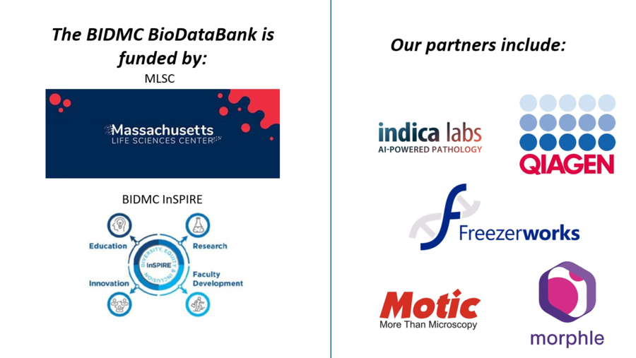 Logos of Massachusetts Life Sciences Center, Indiva Labs, Qiagen, Freezerworks, Motic, and Morphio.