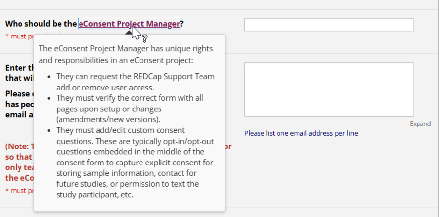Example of Descriptive popup- definition of eConsent Manager