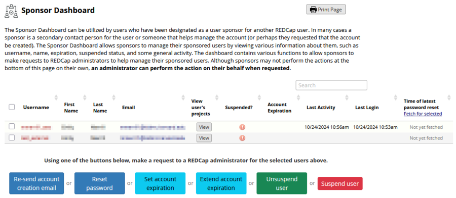Sponsor action buttons- Reset Password, Set Account Expiration, Unsuspend User, Suspend User, 